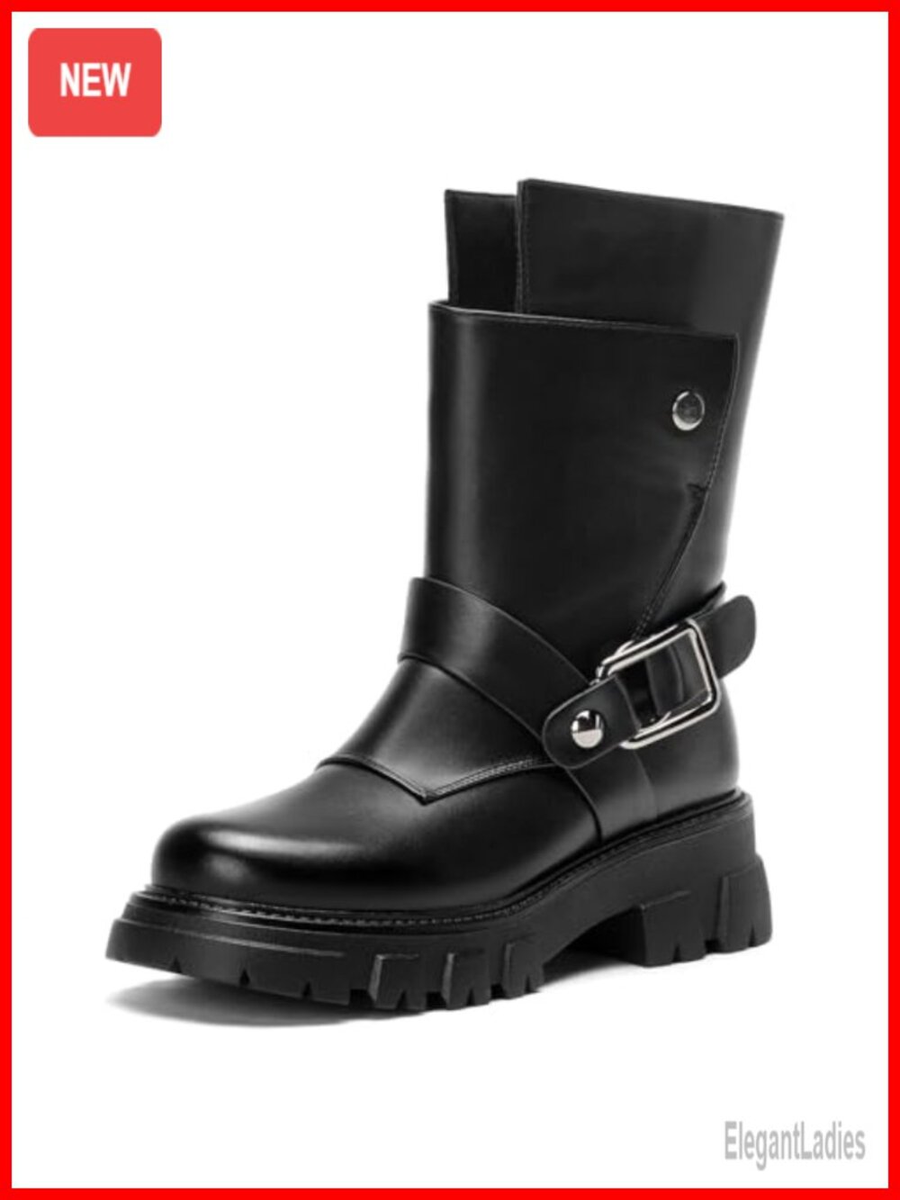 Faux Leather Ankle Boots Lug Sole Biker Combat Boot Buckle Zip